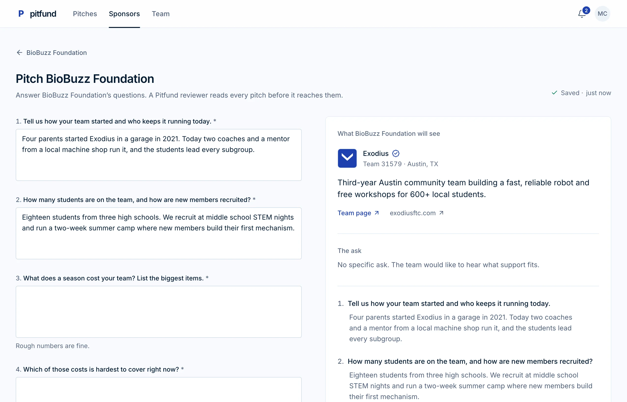 The pitch composer: a company’s questions on the left, a preview of what the company will see on the right