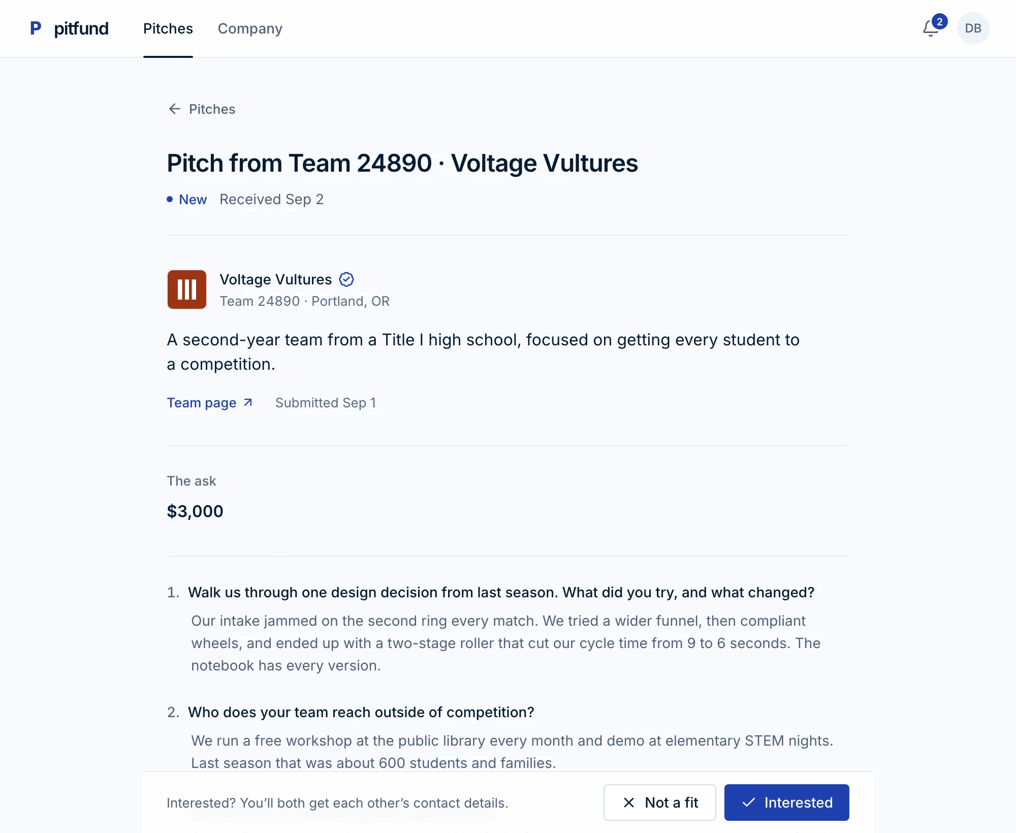 A company’s inbox showing a reviewed pitch with Interested and Not a fit buttons